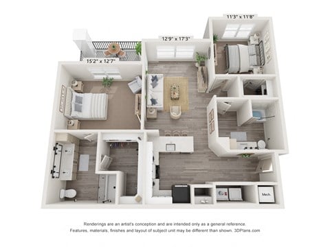 Floor plan for 2 beds, 2 baths, 1165 sqft